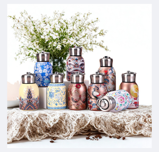 2025 New Chinese Style Chubby Ding Insulated Cup - Outdoor Portable with Handle, Pocket Cup, Car Cup with Printed Patterns   13oz