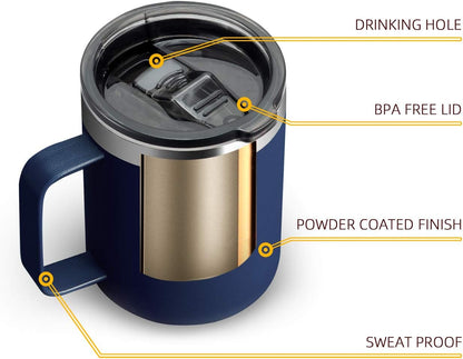 12oz Stainless Steel Insulated Coffee Mug with Handle, Double Wall Vacuum Travel Mug, Tumbler Cup with Sliding Lid