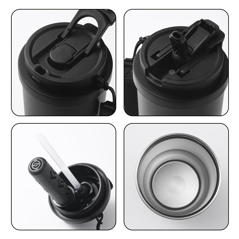 HONGZHAN Stainless Steel Car Thermos, Wide Handle, Double Drinking Lid, Tea Brewing Compartment, Insulated Stainless Steel Water Bottle, Double-Layer Vacuum Stainless Steel Water Bottle