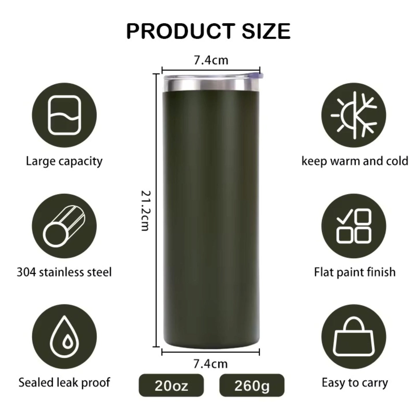 HONGZHAN 20oz Skinny Tumbler, Stainless Steel Insulated Slim Tumbler with Lid, Reusable Double Wall Travel Coffee Mug, Durable Powder Coated Travel Water Cup