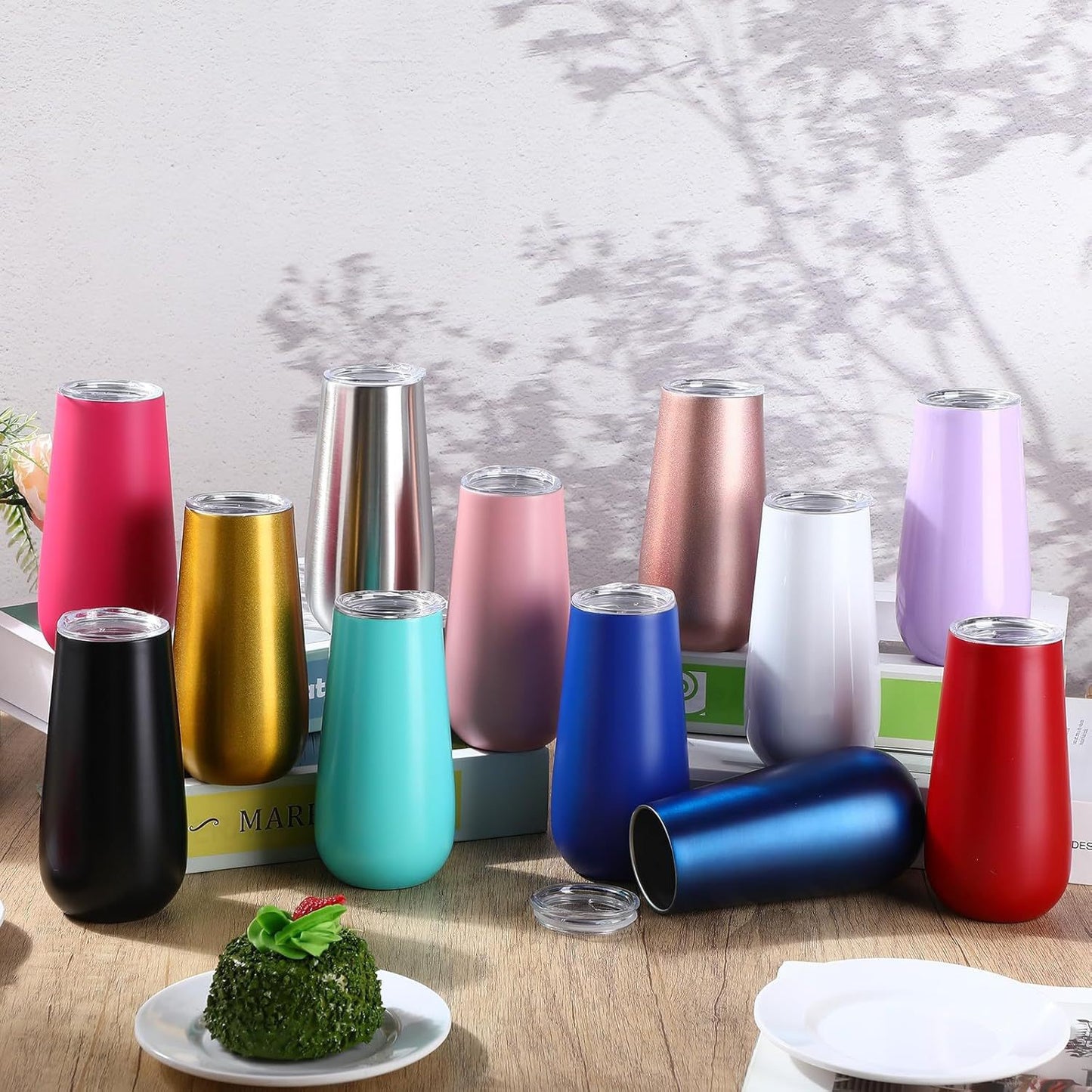 HONGZHAN Stemless Double Insulated Champagne Flute Tumbler with Lid, 6 Oz Unbreakable Reusable Cocktail Champagne Toasting Glasses, Good Gift for Friends Family Christmas Birthday