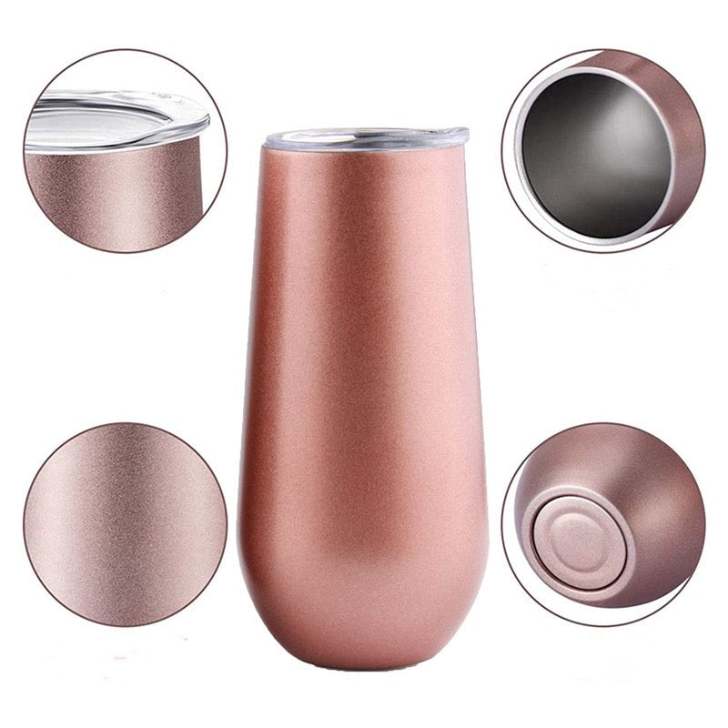 HONGZHAN Stemless Double Insulated Champagne Flute Tumbler with Lid, 6 Oz Unbreakable Reusable Cocktail Champagne Toasting Glasses, Good Gift for Friends Family Christmas Birthday